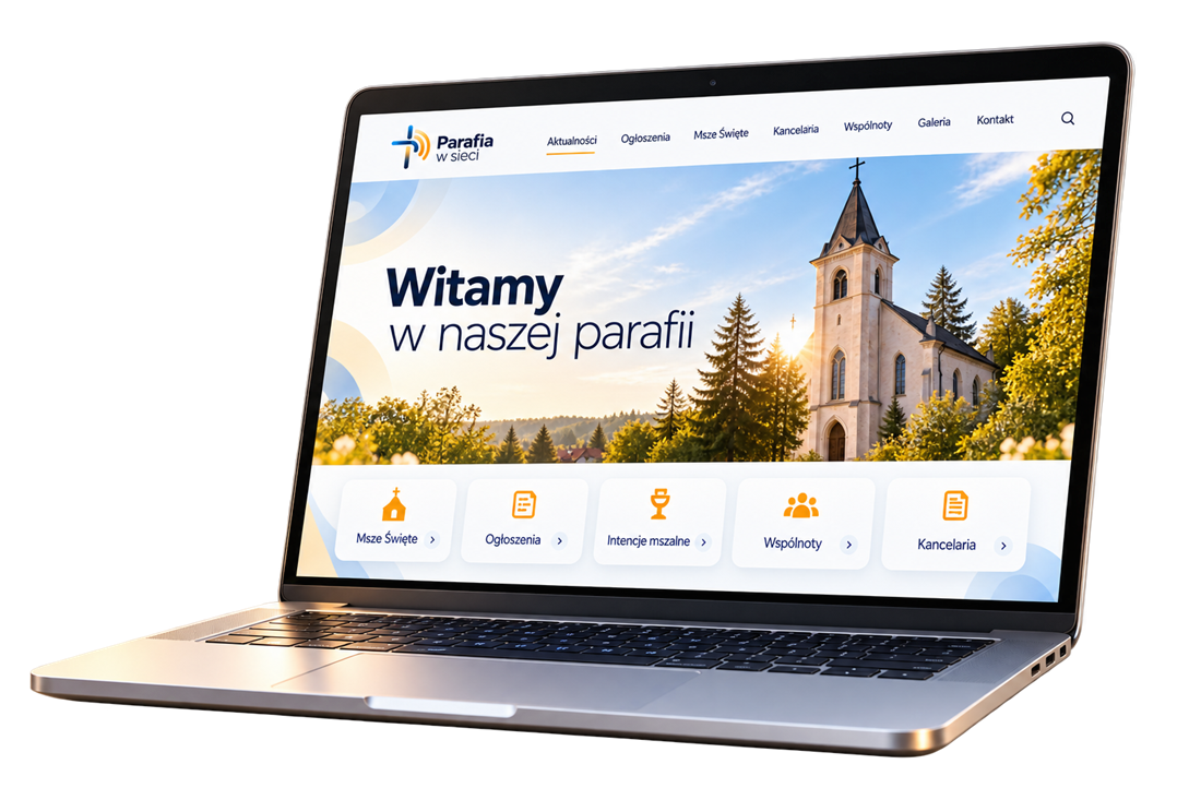 Laptop z otwartą przykładową stroną parafii – aktualności, ogłoszenia, Msze Święte i kancelaria