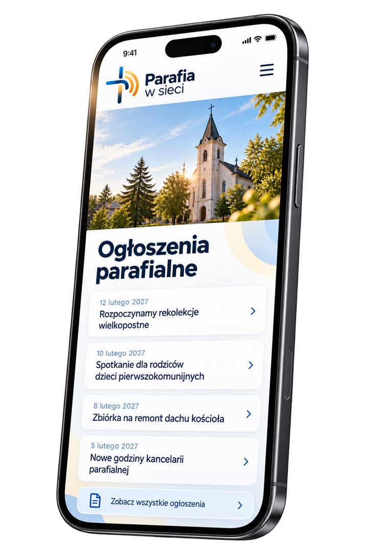 Smartfon z mobilną wersją strony parafii – lista ogłoszeń parafialnych